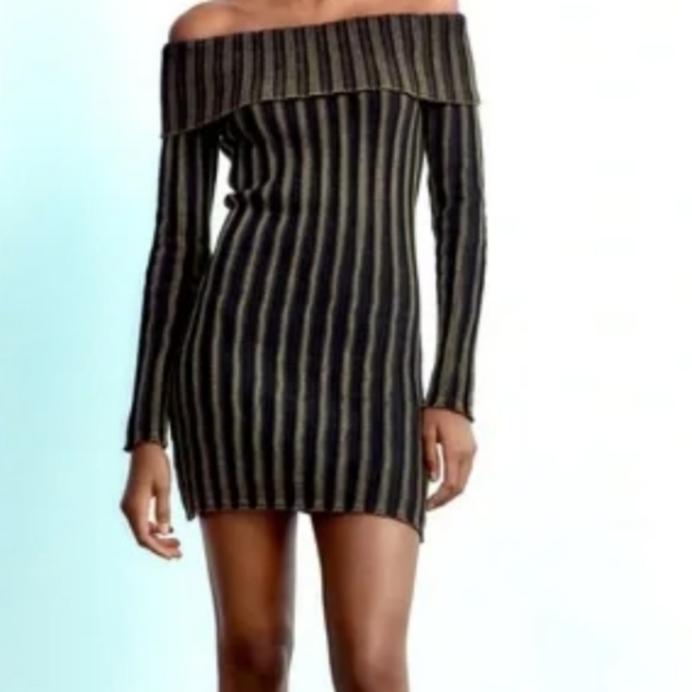 Zara acid wash cable knit chunky Off the shoulders mini sweater dress size Large